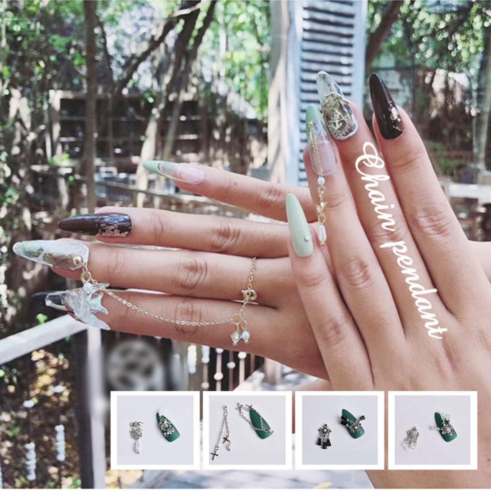 AUGUSTINA Agustinina Perhiasan Kuku Logam Keperakan Manicure Alat Payet DIY Mewah Zirkon Fashion Rantai