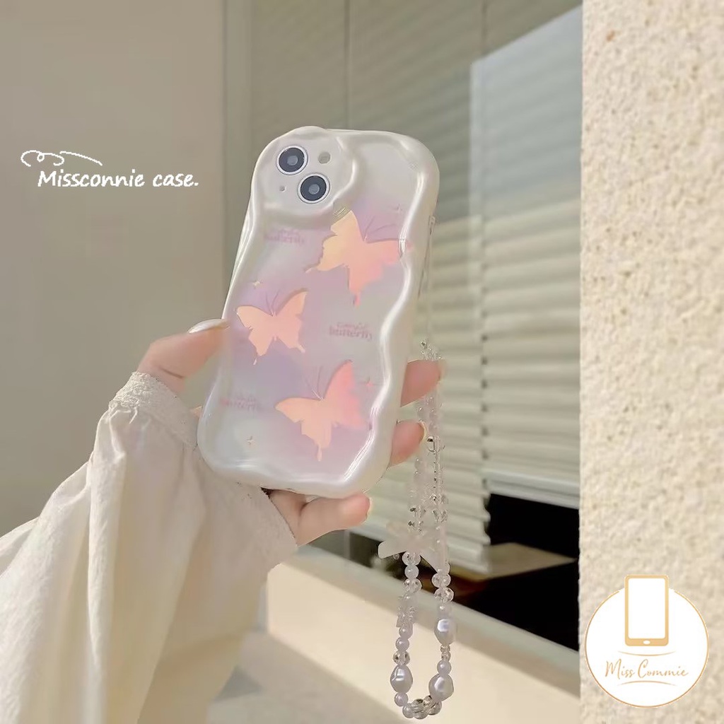 Casing Tepi Melengkung Bergelombang 3D Untuk Redmi 10C A1 A2 9 9A 9T 10 10A 9C NFC Redmi Note10 8 9 11 10s 11s 12 10 Pro Max POCO M3 Glitter Fantasy Butterfly Case Dengan Lanyard Rantai Mutiara