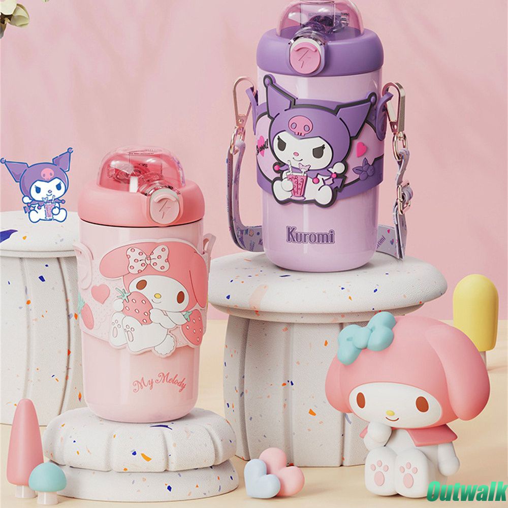 ღ 380ml/460ml Sanrio Insulating Cup Cartoon Children Straw Cup Melody Kuromi Cinnamoroll Stainless Steel Botol Air Siswa Perempuan Untuk Hadiah