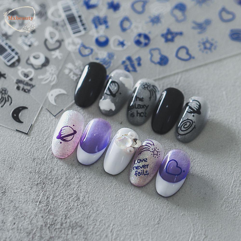 MXBEAUTY Stiker Nail Art Aksesoris Manikur Perekat Planet Bulan Hitam Dan Putih