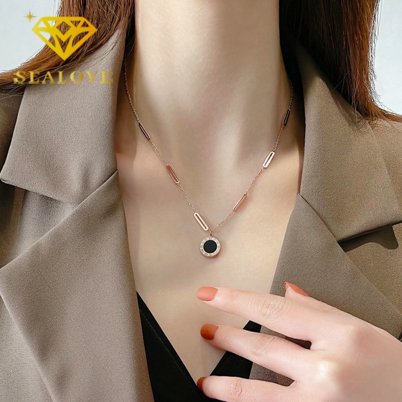 Kalung Titanium Anti Karat Romawi Bulat Hitam Korea Aesthetic Emas 18K Aksesoris Wanita Perhiasan Necklace