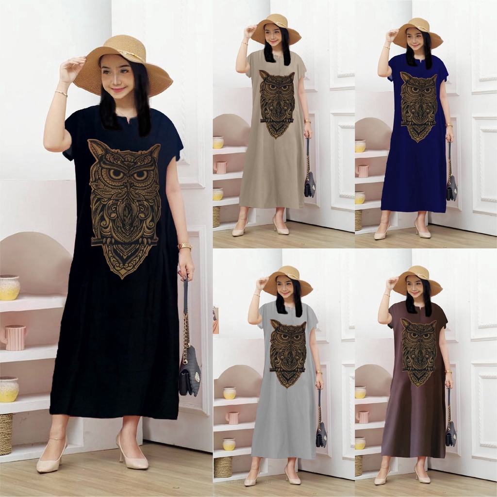 Long Dress Karakter Motif Owl LD120 Bahan Rayon Halus  - Resinda Fashion