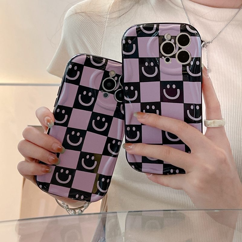 Cream Casing Purple Lattice Smile Soft Case HP iP iPhone 6 6S 7 8 14 + Plus SE 2020 2022 X XS XR 11 12 13 Pro Max Girl Woman