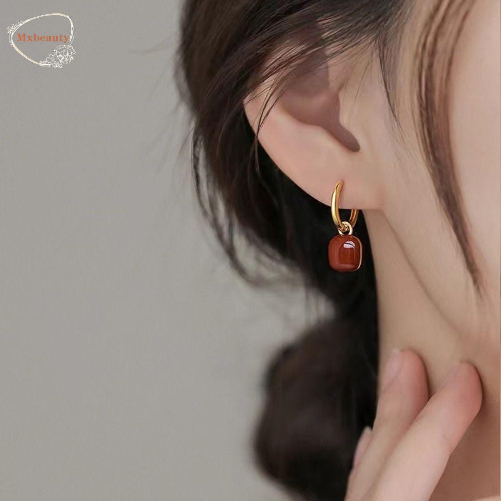 MXBEAUTY Anggur Merah Anting Rasa Mewah Manis Gaya Perancis Aksesoris Perhiasan Bentuk Cinta Persegi Wanita Hoop Earrings