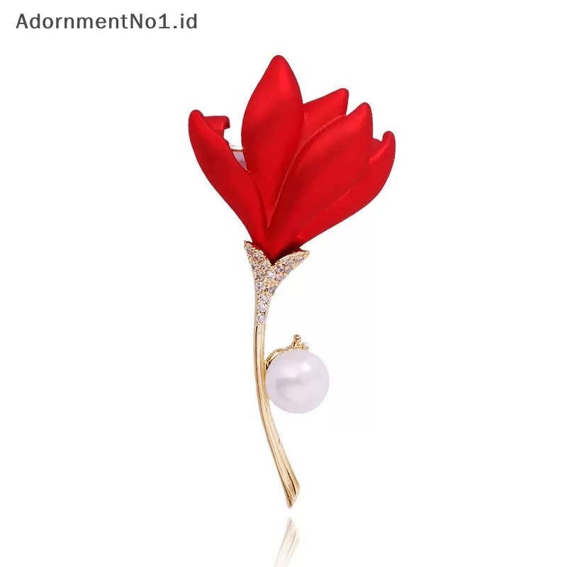 [AdornmentNo1] Merah bunga berlian imitasi bros korsase mutiara untuk wanita elegan Tulip buket pin pesta pernikahan lencana aksesoris pakaian perhiasan