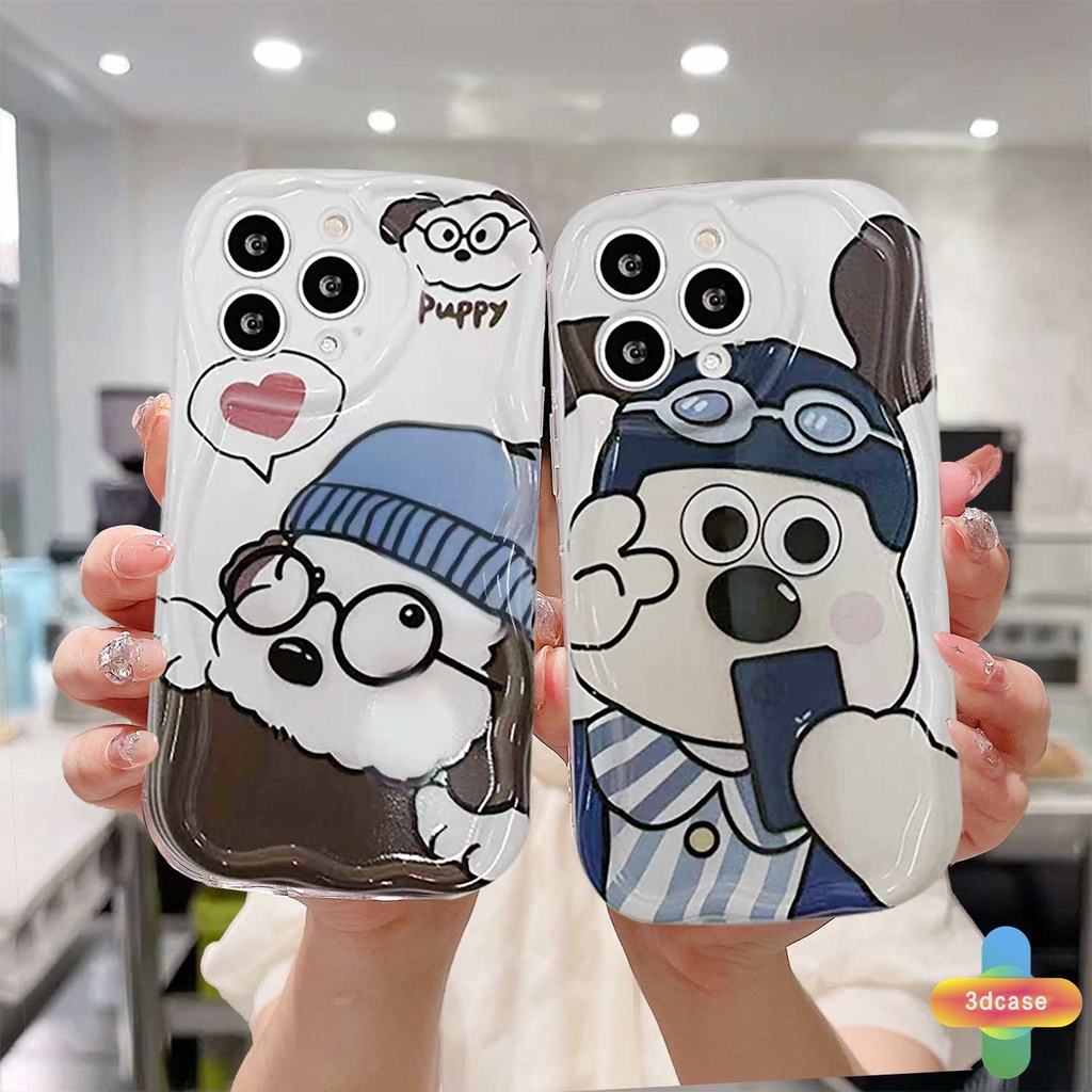 Untuk Soft Case OPPO A15 A54 A5S A77S A17 A17K A57 A3S A76 A96 A16 A95 A55 A7 A5 A9 A31 A53 A33 2020 A12 A12S A1K A12E A16E A16K A54S A53S A16S A77 A57S A57E A11S Reno 7 7Z 8Z 5 4 6 8 5F 5K Puppy Lucu Kartun Anjing 3D Bergelombang Curved Edge Case