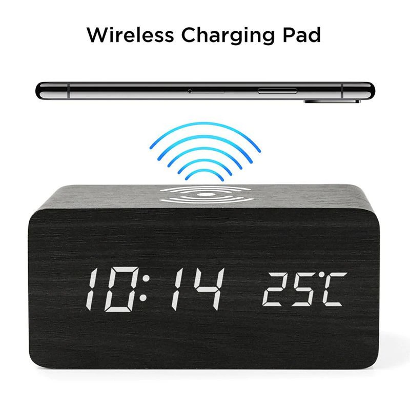 472 Wooden Alarm Clock - Qi Wireless Charging Pad Thermometer Display
