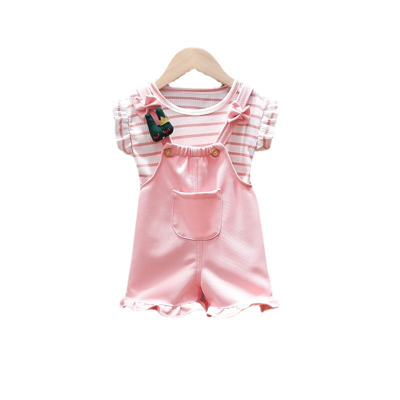 Setelan Set 2in1 Overall Anak Bayi Perempuan Kodok Garis Strip Pendek Import Cewek