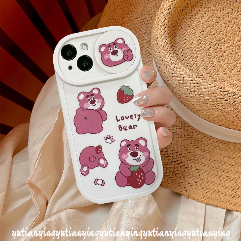 Strawberry Bear Lotso Cartoon Funny Dinosaur Camera Lens Protector Case Compatible for IPhone XR XS X Max 11 13 12 Pro Max 7Plus 8Plus Push Pull Window Lovely Doraemon Cover