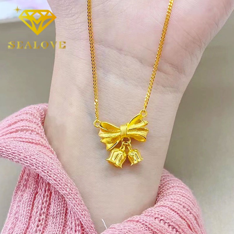 Kalung Titanium Bunga Pita Cantik Aesthetic Korea Emas 18K Anti Karat Aksesoris Wanita Perhiasan Fashion