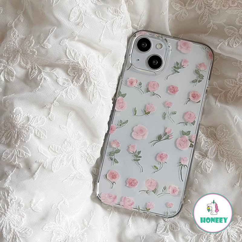 IPHONE Casing Ponsel Motif Bening Lembut Kompatibel Untuk Iphone11 14 Pro Max12 13 X XR XS Max7 8 Plus Cangkang Pelindung Bunga Mawar Pink