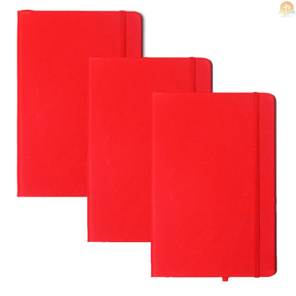 In Stock 3Pcs Leatherette A6 Jurnal Menulis Notebook Elastis Band Kertas Bergaris Perlengkapan Kantor Sekolah (Merah)