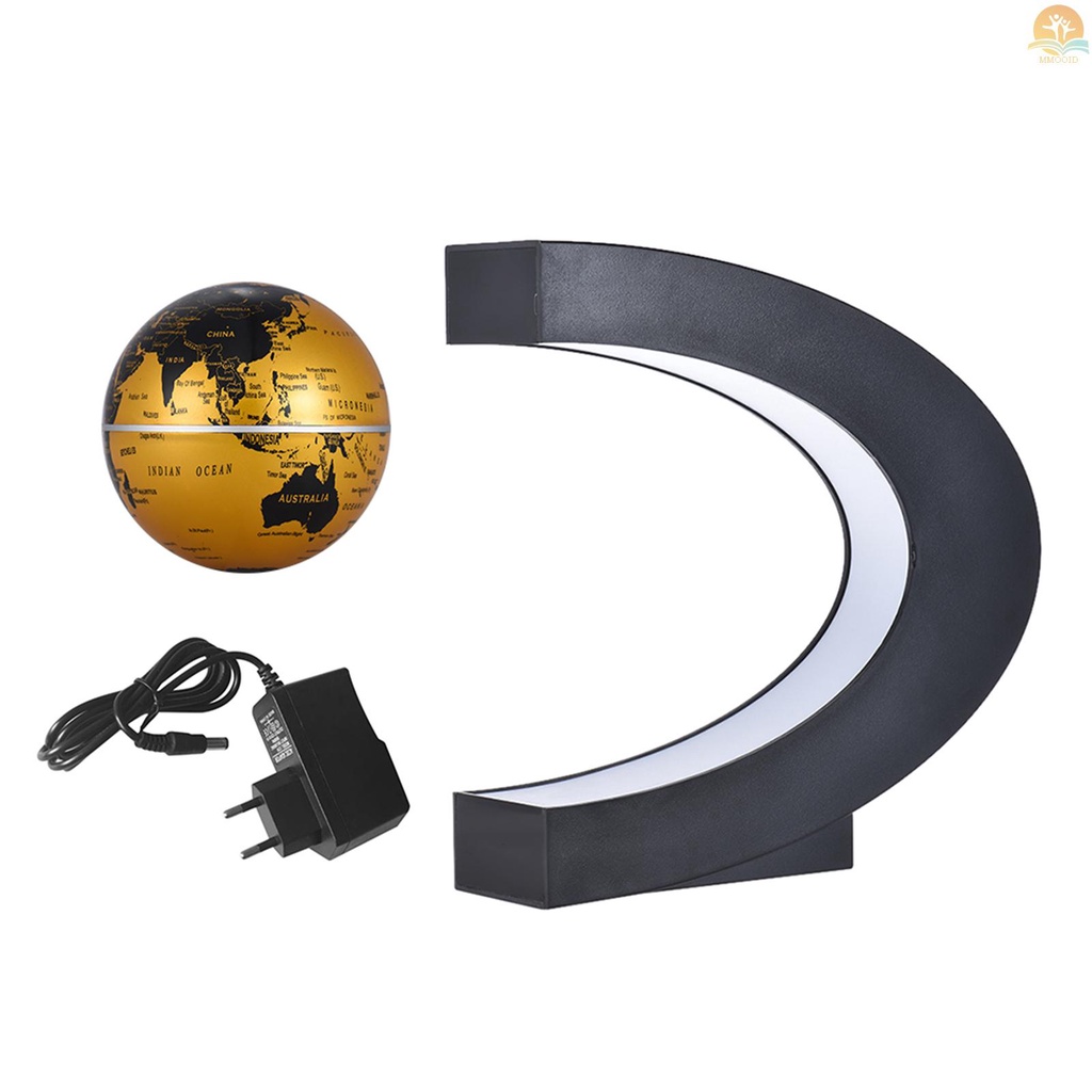 In Stock Globe Peta Dunia Apung Magnetik Berbentuk C 3inci Dengan Lampu Warna LED Untuk Dekorasi Rumah Kantor Mengajar Demo Emas, Plug Uni Eropa