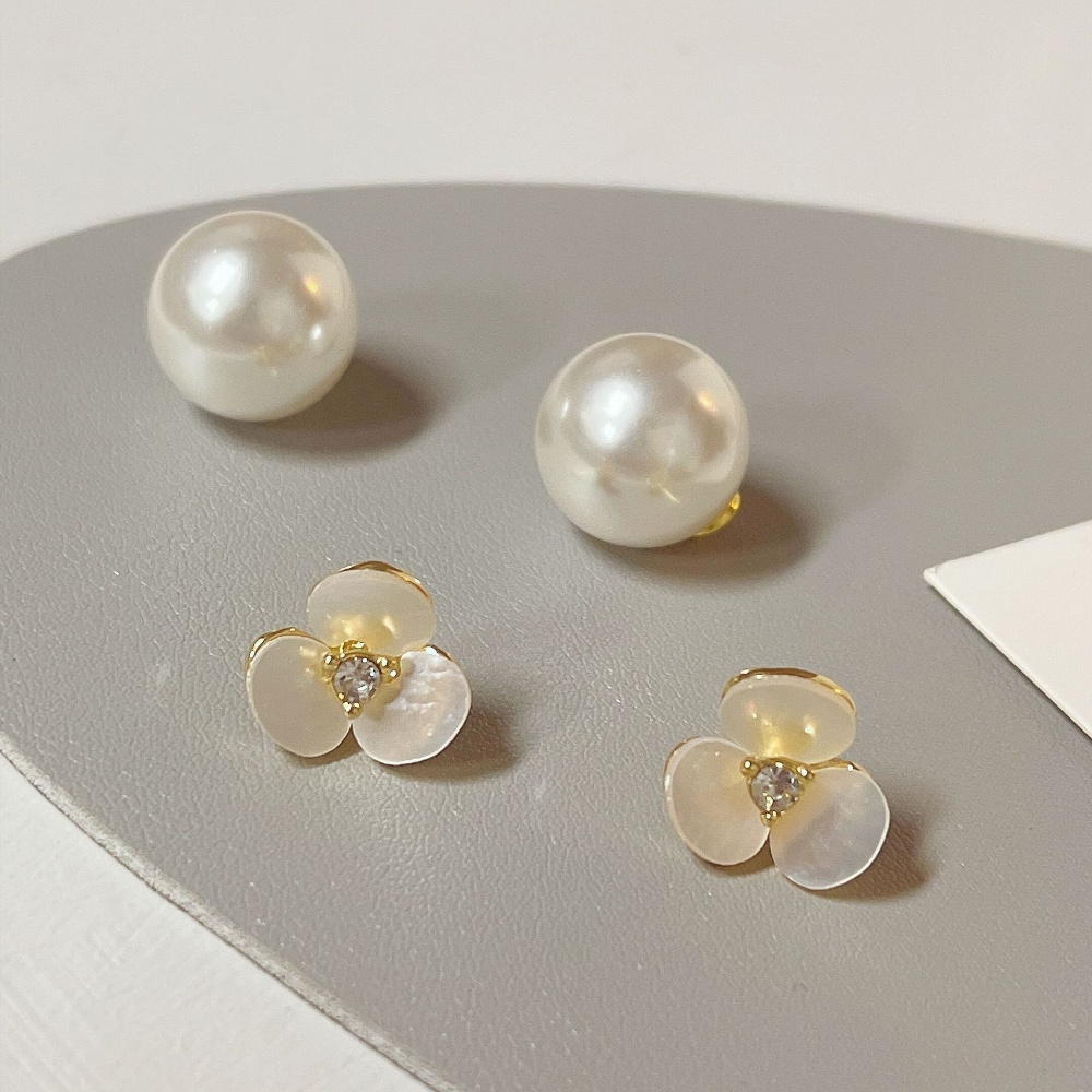 Model Korea Depan Belakang Memakai Bunga Shell Imitasi Anting Mutiara, Anting Stud Halus Dan Manis