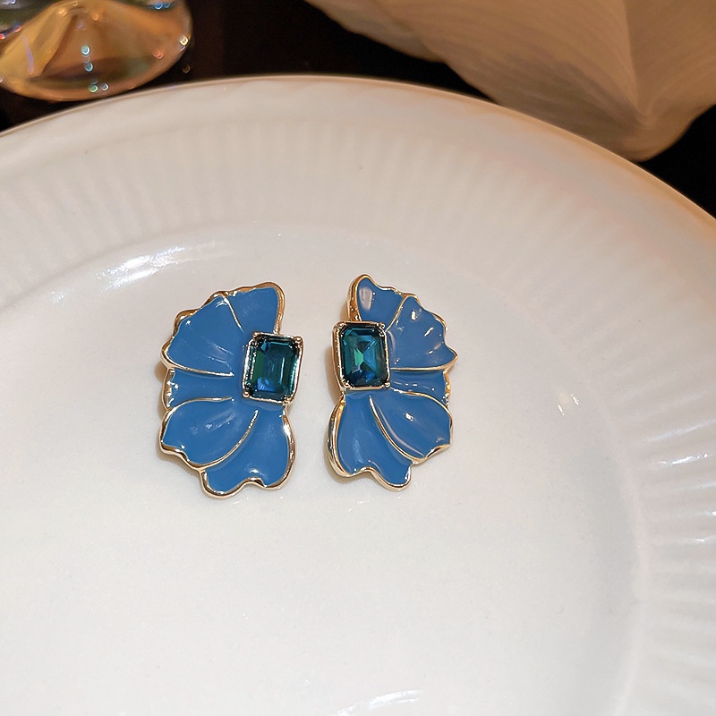 Deartiara Korea Selatan East Gate Drop Oil Blue Petal Earrings Fashion Dan Sapphire Serbaguna Anting Kelopak Lima Daun