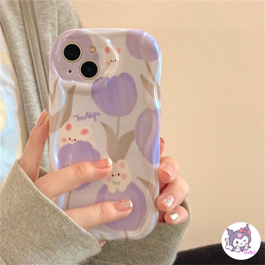 IPHONE Kompatibel Untuk Iphone14 13 12 11 Pro Max SE 2020 X XR Xs Max7 8 6 6s Plus Cute Purple Tulip Rabbit Wave Edge Phone Case Silikon Lembut Perlindungan Anti Jatuh Back Cover