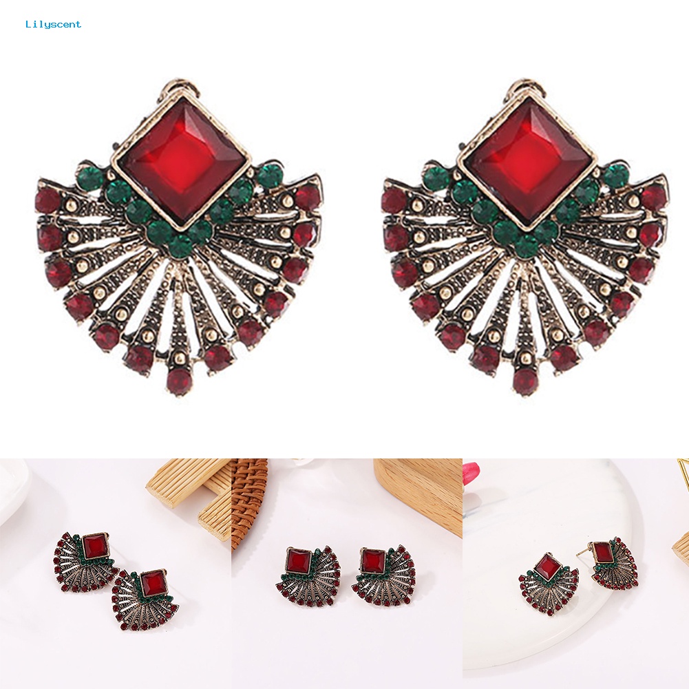 Lilyscent Wanita Vintage Gaya Etnik Berlian Imitasi Anting Berbentuk Kipas Bohemian Ear Stud Hadiah