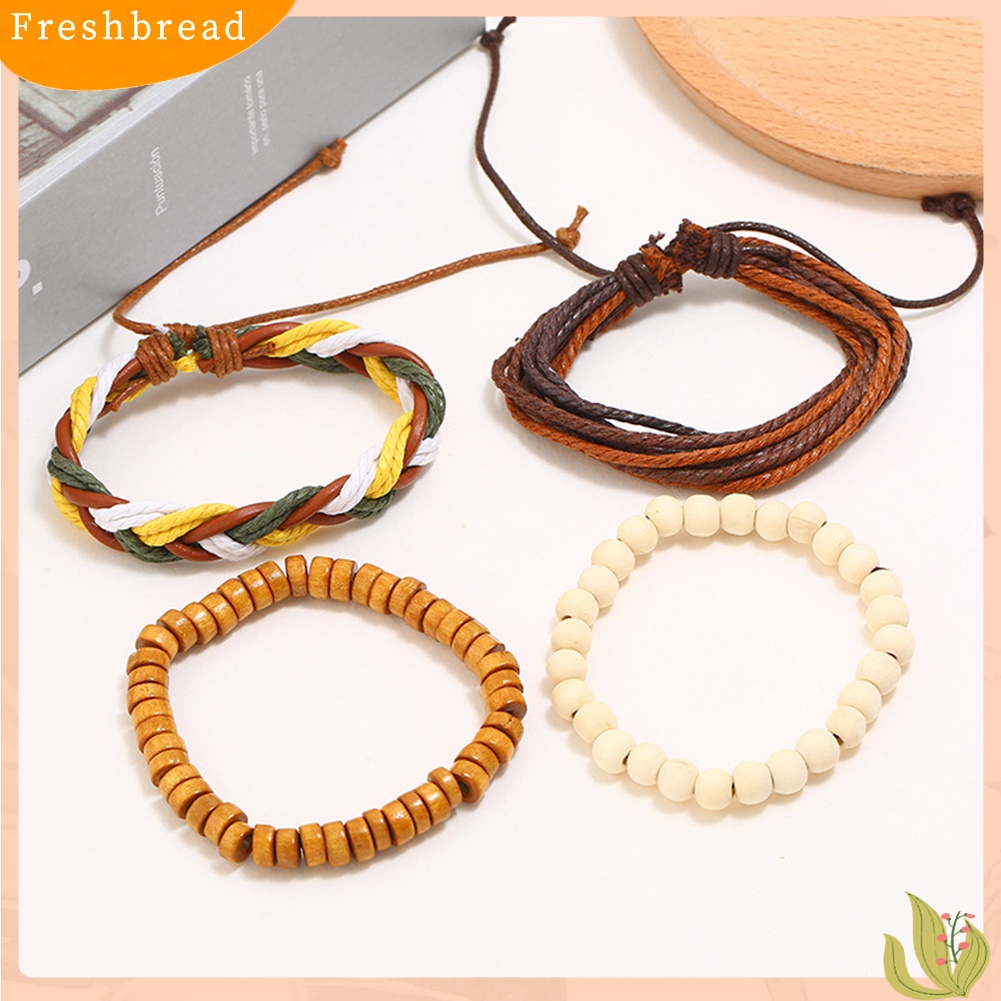 &lt; Freshbread &gt; 4Pcs/Set Vintage Wanita Manik-Manik Kayu Kulit Imitasi Menenun Gelang Bangle Hadiah