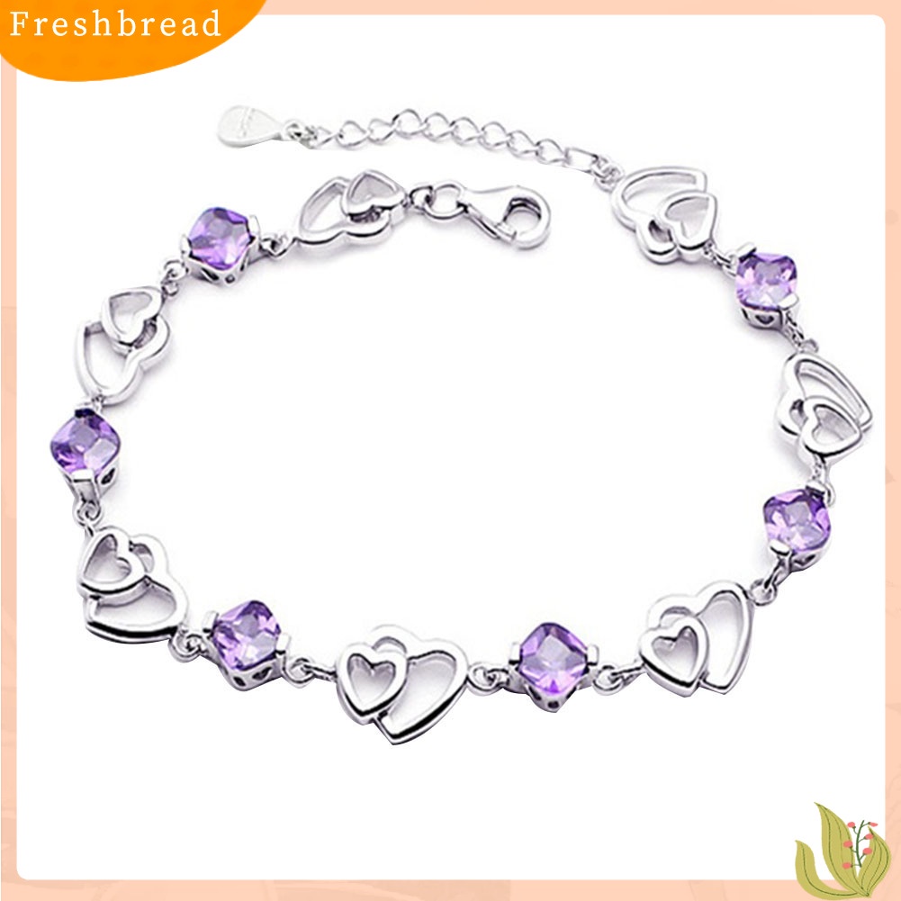 &lt; Freshbread &gt; Fashion Wanita Berongga Hati Faux Amethyst Rantai Gelang Bangle Pesona Perhiasan