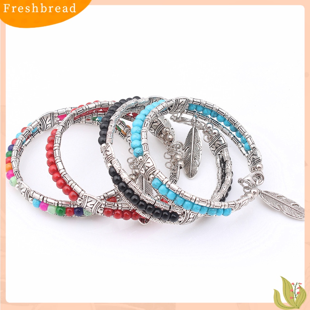 &lt; Freshbread &gt; Gelang Wanita Bentuk Bulu Bahan Alloy Imitasi Turquoise Tiga Lapis Women Bangles Untuk Hadiah