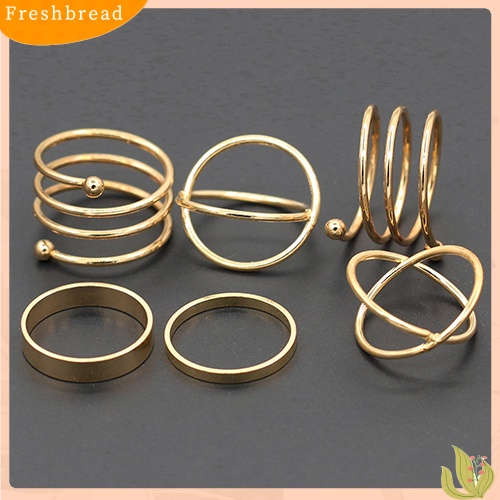 &lt; Freshbread &gt; 6Pcs/Set Wanita Golden Tone Stack Polos Slim Band Midi Ring Spiral Knuckle Rings