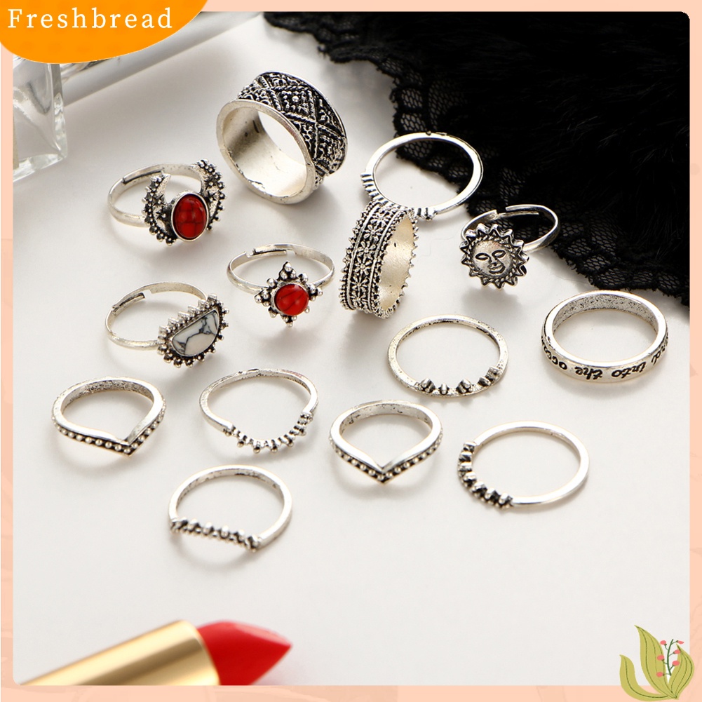 &lt; Freshbread &gt; 14 Pcs Wanita Punk Vintage Merah Turquoise Perhiasan Midi Knuckle Rings Set Hadiah