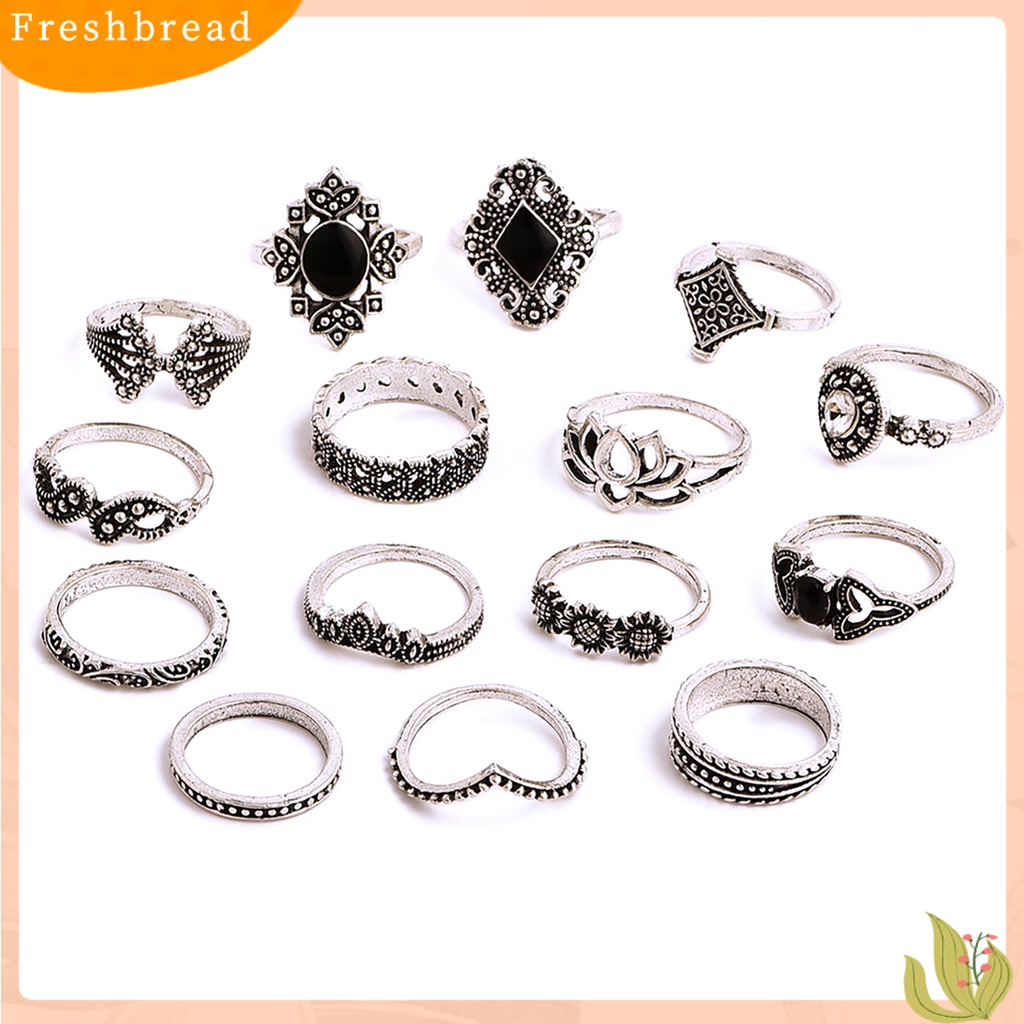 &lt; Freshbread &gt; 15Pcs/Set Wanita Berongga Lotus Bunga Matahari Geometris Faux Permata Susun Jari Cincin