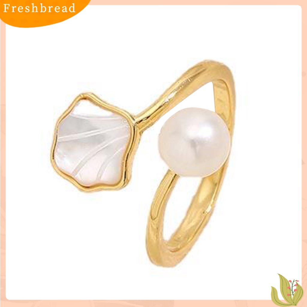 &lt; Freshbread &gt; Wanita Cincin Buatan Mutiara Bentuk Kerang Adjustable Terbuka Vintage Hias Luster Halus Tepi Buku Jari Cincin Untuk Prom