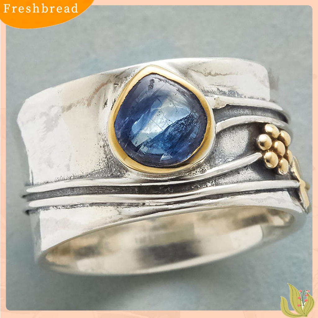 &lt; Freshbread &gt; Cincin Vintage Two-tone Pernyataan Sederhana Biru Permata Imitasi Daun Bunga Jari Cincin Perhiasan Aksesoris