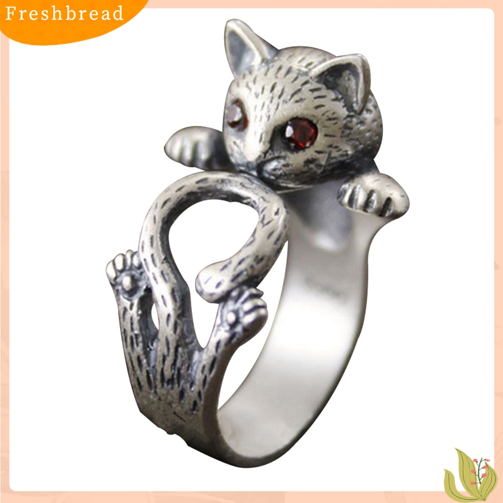 &lt; Freshbread &gt; Retro Wanita Mata Merah Kucing Beruntung Bentuk Kucing Berlian Imitasi Terbuka Jari Cincin Perhiasan