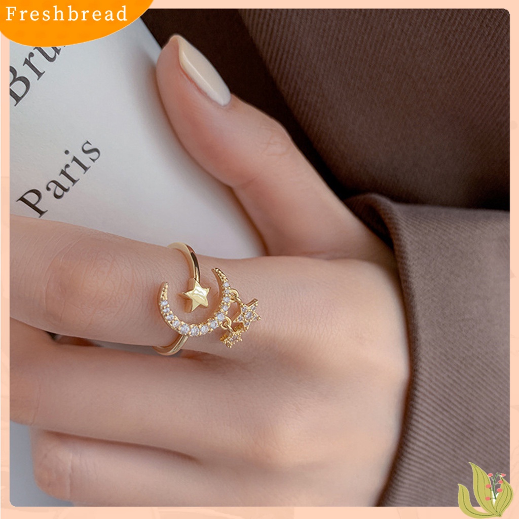 &lt; Freshbread &gt; Wanita Cincin Berlian Imitasi Mengkilap Stainless Pembukaan Bulan Dan Bintang Knuckle Ring Perhiasan Pengantin Wanita