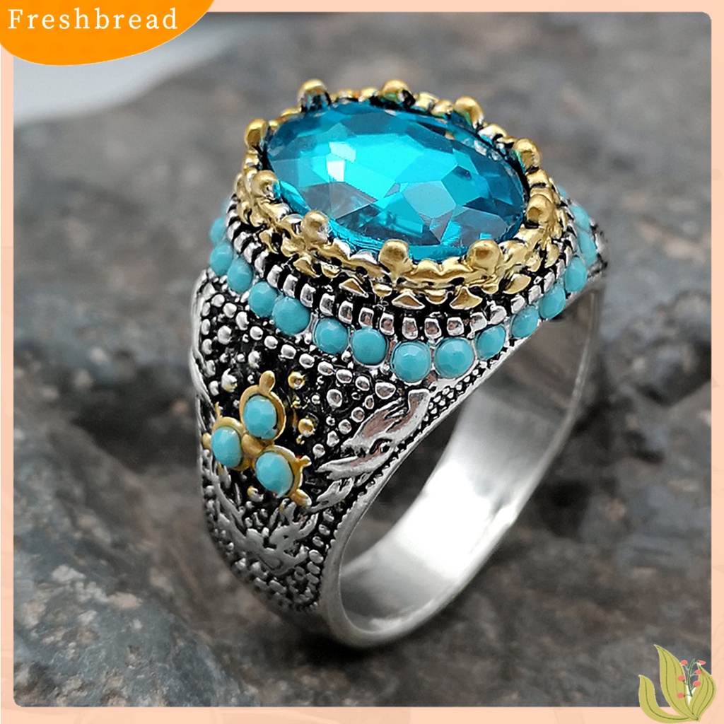 &lt; Freshbread &gt; Pria Cincin Biru Berlian Imitasi Imitasi Pirus Berkilau Vintage Pernikahan Band Cincin Perhiasan Hadiah