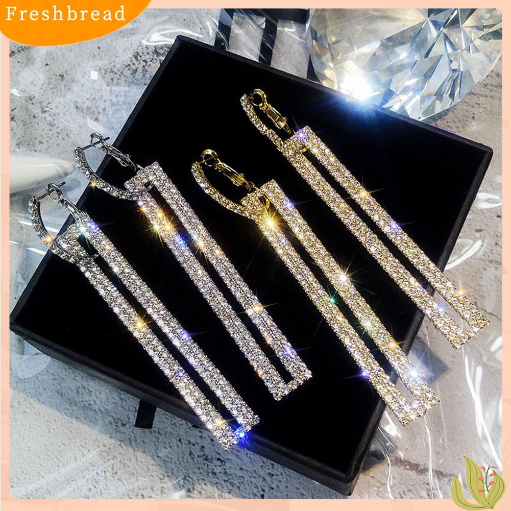 < Freshbread > Wanita Berlian Imitasi Hias Berongga Persegi Panjang Panjang Geometris Menjuntai Anting Perhiasan