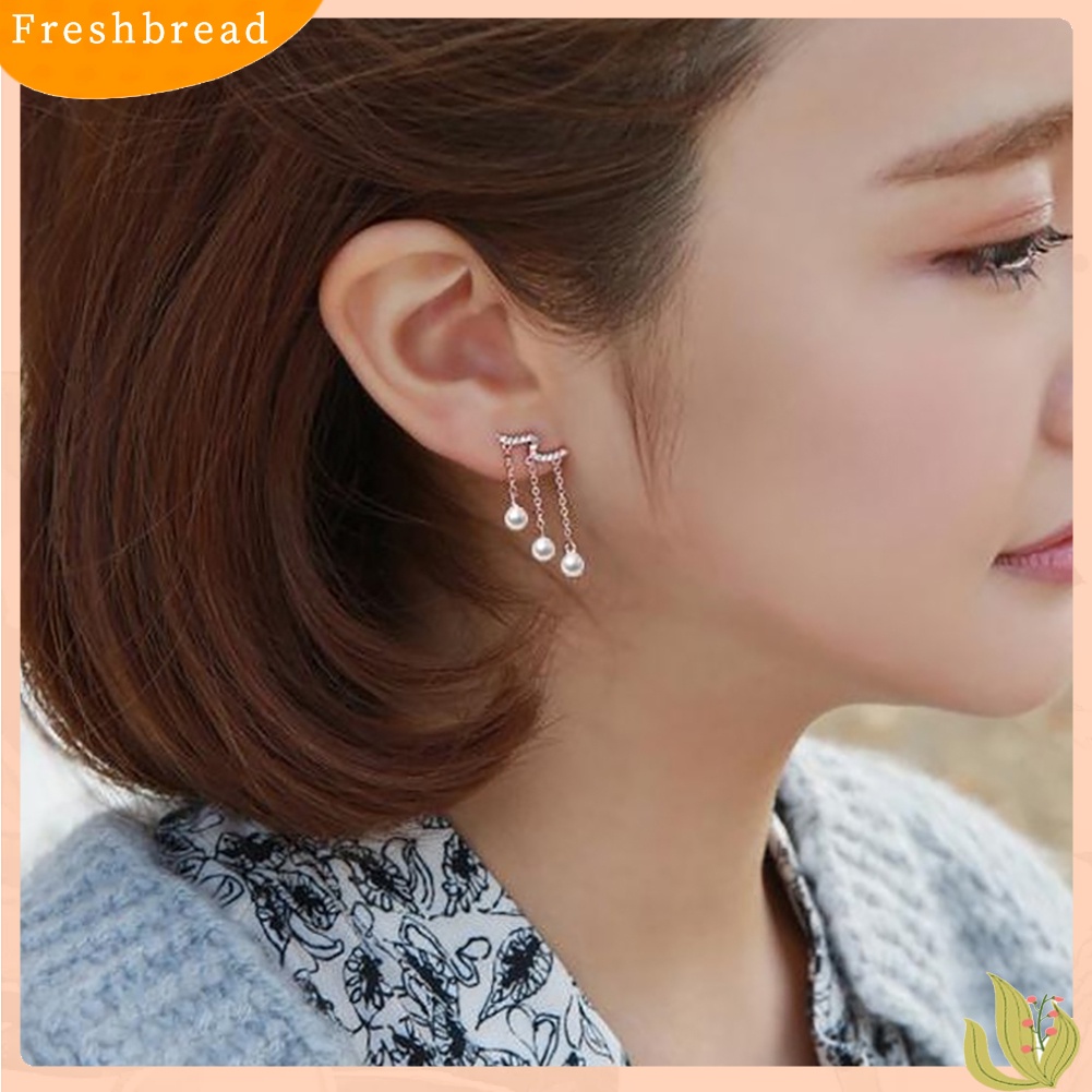 &lt; Freshbread &gt; Pesta Elegan Wanita Triple Rumbai Mutiara Imitasi Menjuntai Panjang Stud Earrings Jewelry