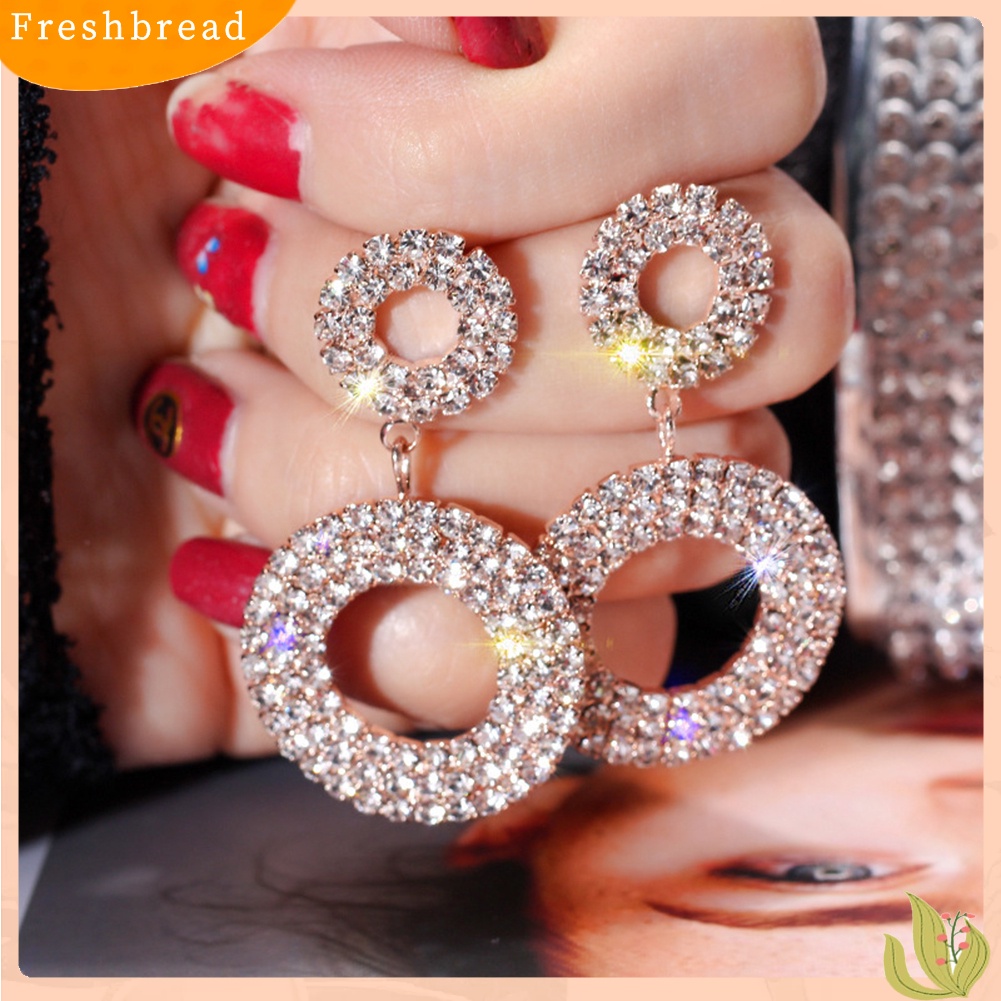 < Freshbread > Fashion Lingkaran Ganda Hias Berlian Imitasi Wanita Stud Earrings Pesta Perhiasan Hadiah