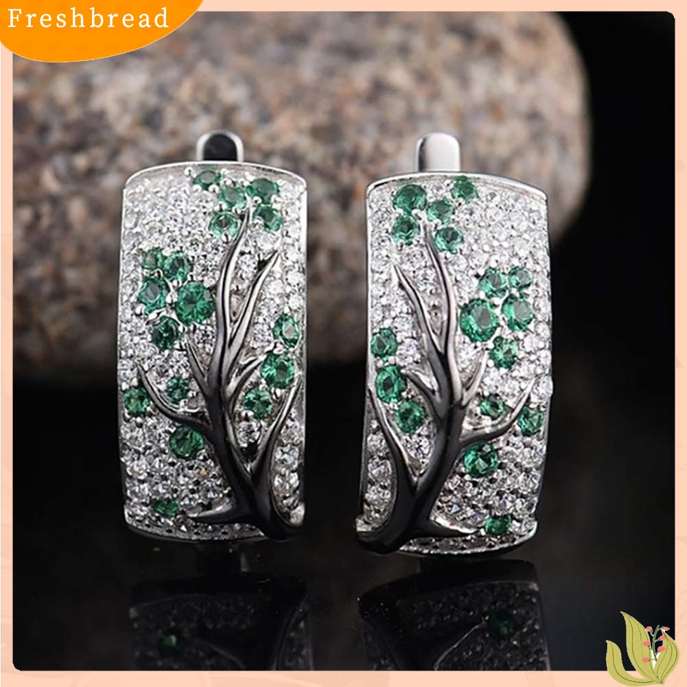 &lt; Freshbread &gt; Lady Shiny Plum Blossom Cabang Penuh Berlian Imitasi Bertatahkan Melengkung Anting-Anting Persegi Panjang