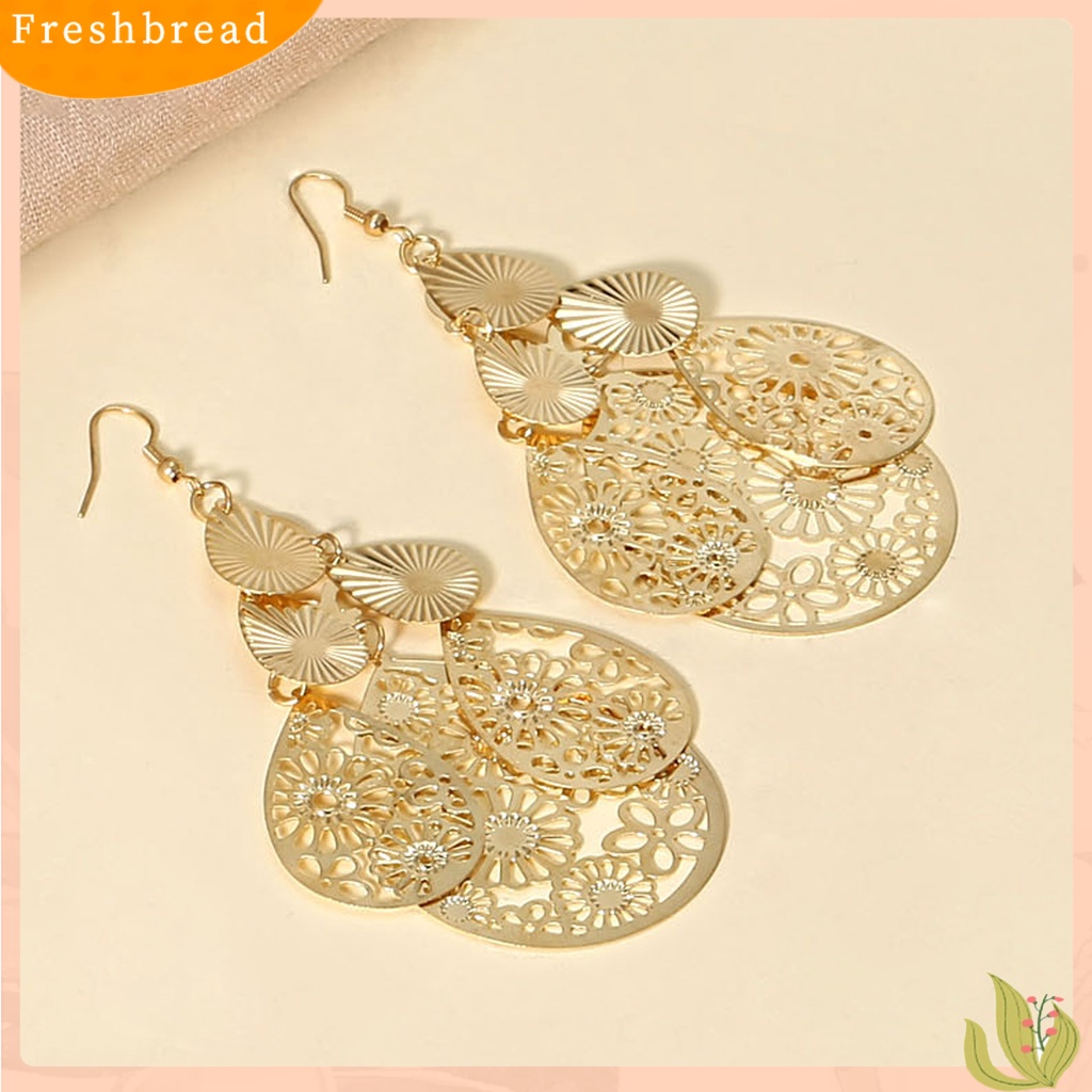 &lt; Freshbread &gt; 1pasang Anting Kait Berlebihan Retro Geometris Elegan Berongga Bunga Tetesan Air Liontin Wanita Menjuntai Anting Perhiasan Fashion