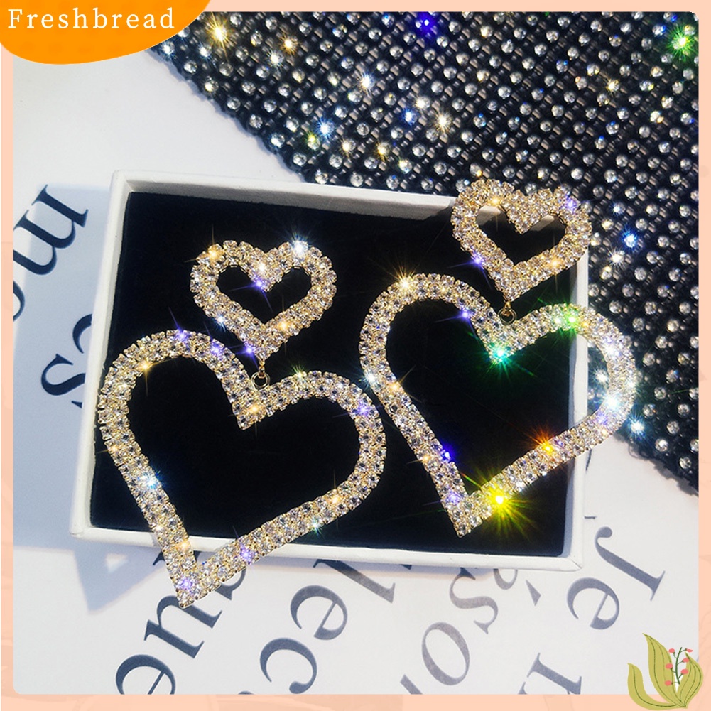 < Freshbread > Mewah Penuh Berlian Imitasi Berongga Ganda Cinta Hati Wanita Stud Earrings Perhiasan Hadiah