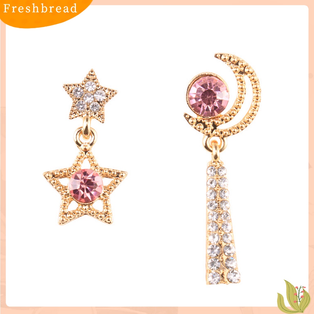 &lt; Freshbread &gt; Wanita Berlian Imitasi Bulan Bintang Asimetris Menjuntai Ear Stud Earrings Perhiasan Hadiah