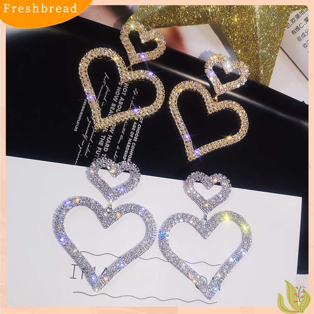 < Freshbread > Mewah Penuh Berlian Imitasi Berongga Ganda Cinta Hati Wanita Stud Earrings Perhiasan Hadiah