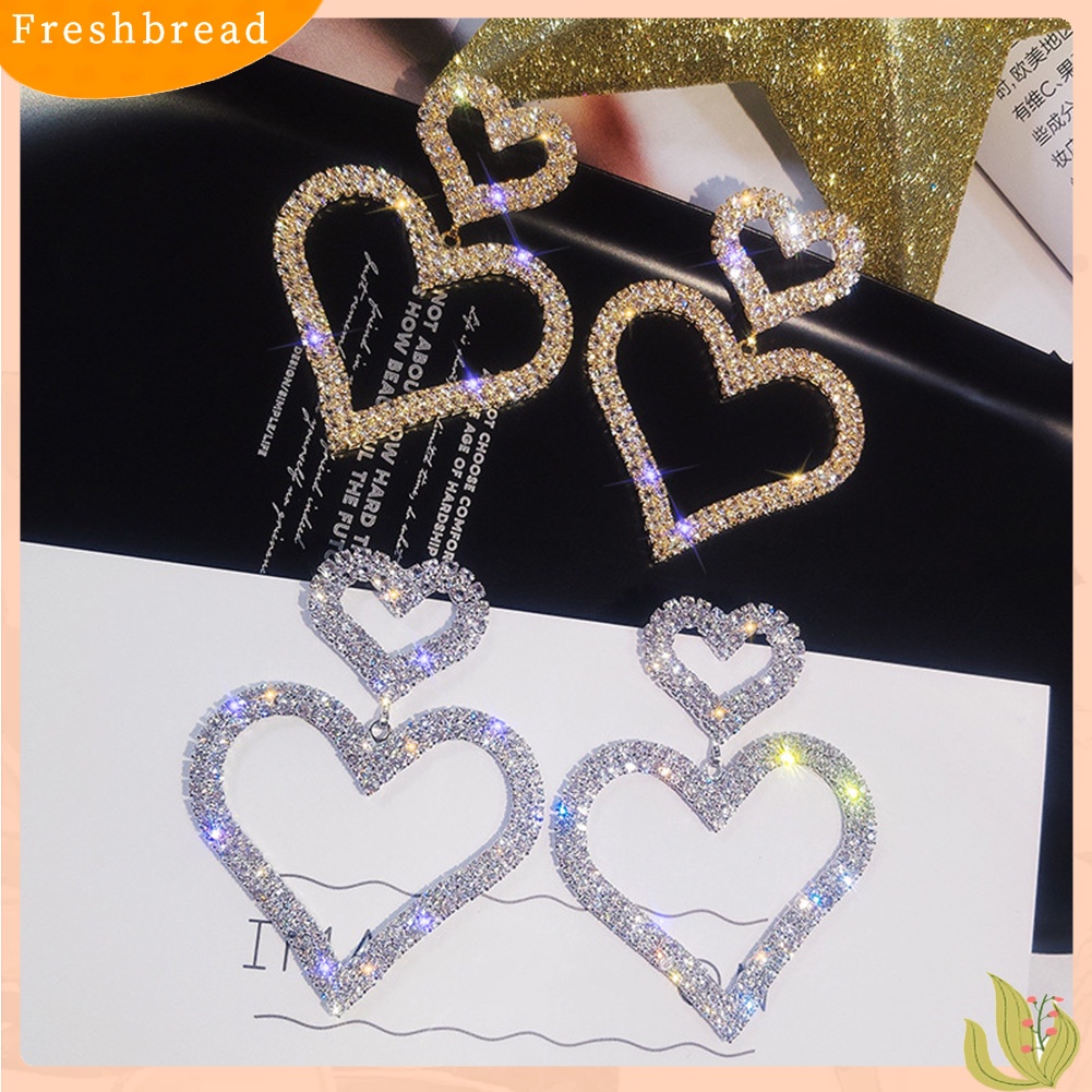 &lt; Freshbread &gt; Mewah Penuh Berlian Imitasi Berongga Ganda Cinta Hati Wanita Stud Earrings Perhiasan Hadiah