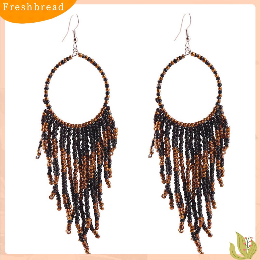 &lt; Freshbread &gt; Bohemian Wanita Manik-Manik Rumbai Bulat Menjuntai Kait Panjang Anting Pernyataan Perhiasan