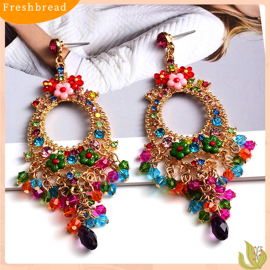 &lt; Freshbread &gt; 1pasang Anting Menjuntai Cantik Rumbai Manik Bunga Bohemian Warna-Warni Berlian Imitasi Drop Earrings Untuk Pacaran