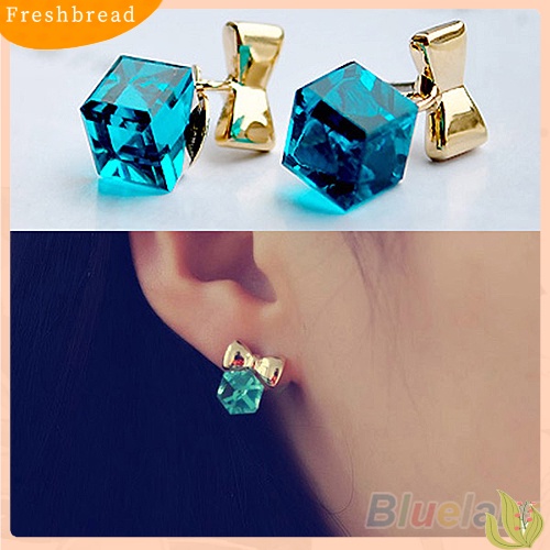 &lt; Freshbread &gt; Wanita Kilau Chic Ikatan Simpul Shiny Cube Berlian Imitasi Ear Studs Lucu Menjuntai Anting-Anting
