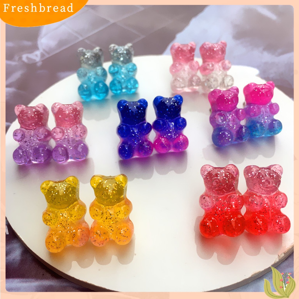 &lt; Freshbread &gt; Fashion Wanita Permen Warna Kartun Gummy Bear Ear Stud Earrings Perhiasan Hadiah