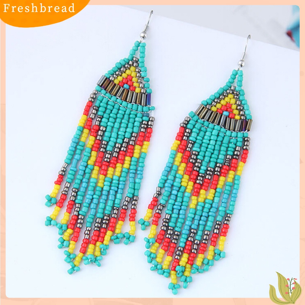 &lt; Freshbread &gt; Wanita Bohemian Panjang Manik-Manik Rumbai Drop Menjuntai Kait Anting Pesta Perhiasan Hadiah