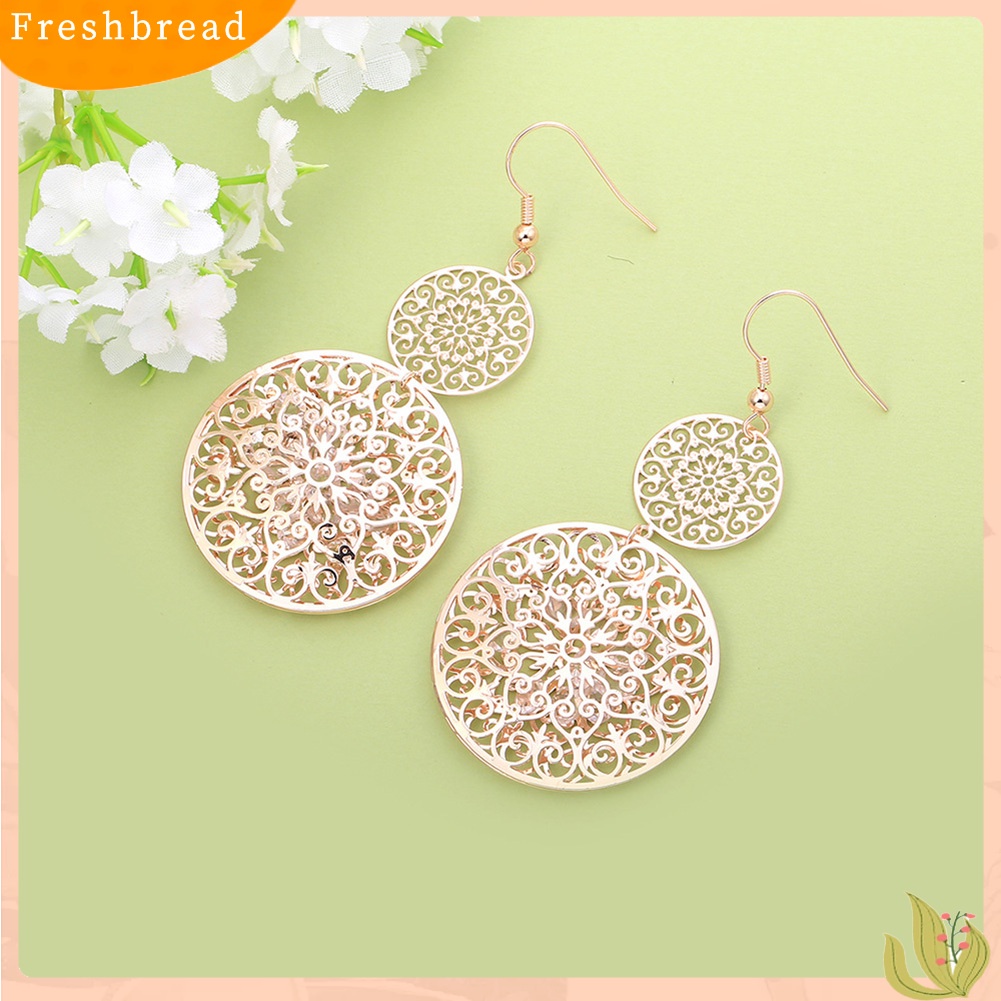 &lt; Freshbread &gt; Fashion Wanita Lapisan Ganda Diukir Kerawang Drop Menjuntai Liontin Anting Perhiasan