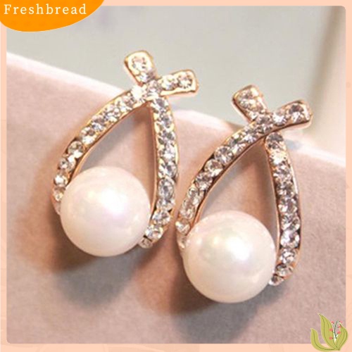 {In Stock} Women's Faux Pearl Ear Studs Earrings Cross Berlian Imitasi Hadiah Perhiasan Pernikahan