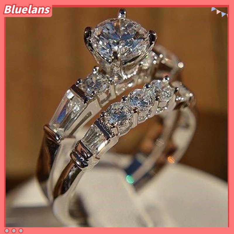 {In Stock} 2Pcs/Set Shiny Cubic Zirconia Hias Wanita Pernikahan Cincin Perhiasan Pesona Hadiah