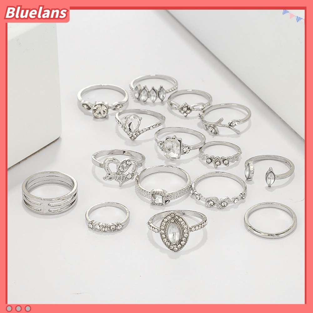 {In Stock} 15Pcs/Set Wanita Bohemian Buatan Batu Permata Berlian Imitasi Jari Cincin Perhiasan Hadiah